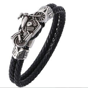 Handmade Motorcycle Sports Black Leather Bracelet Chain Wristband Silver Jewelry